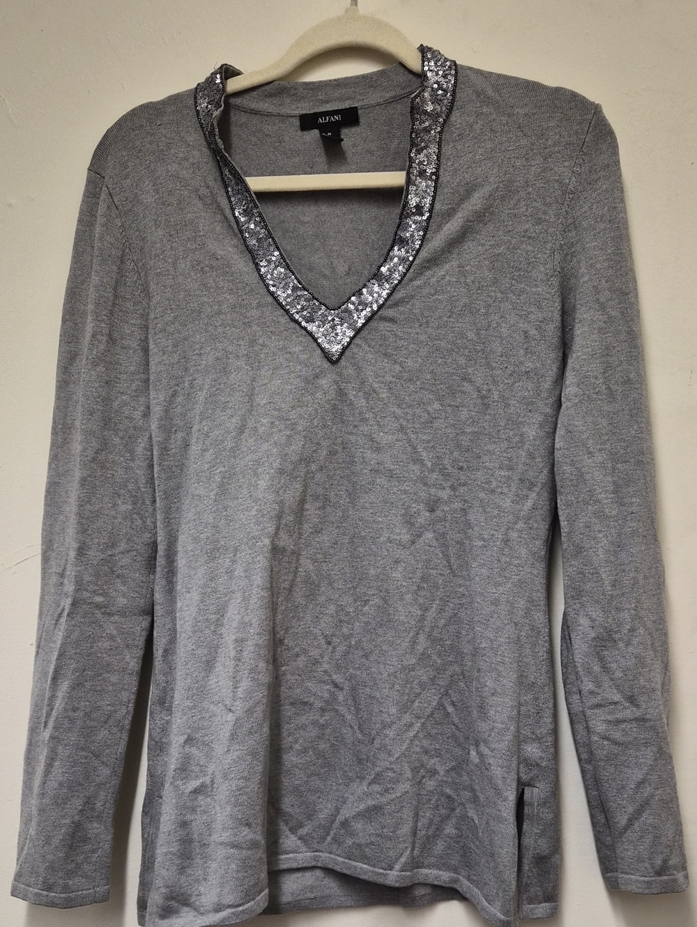 Alfani Gray Long-Sleeve V-Neck Top with Silver Sequin Trim Size M